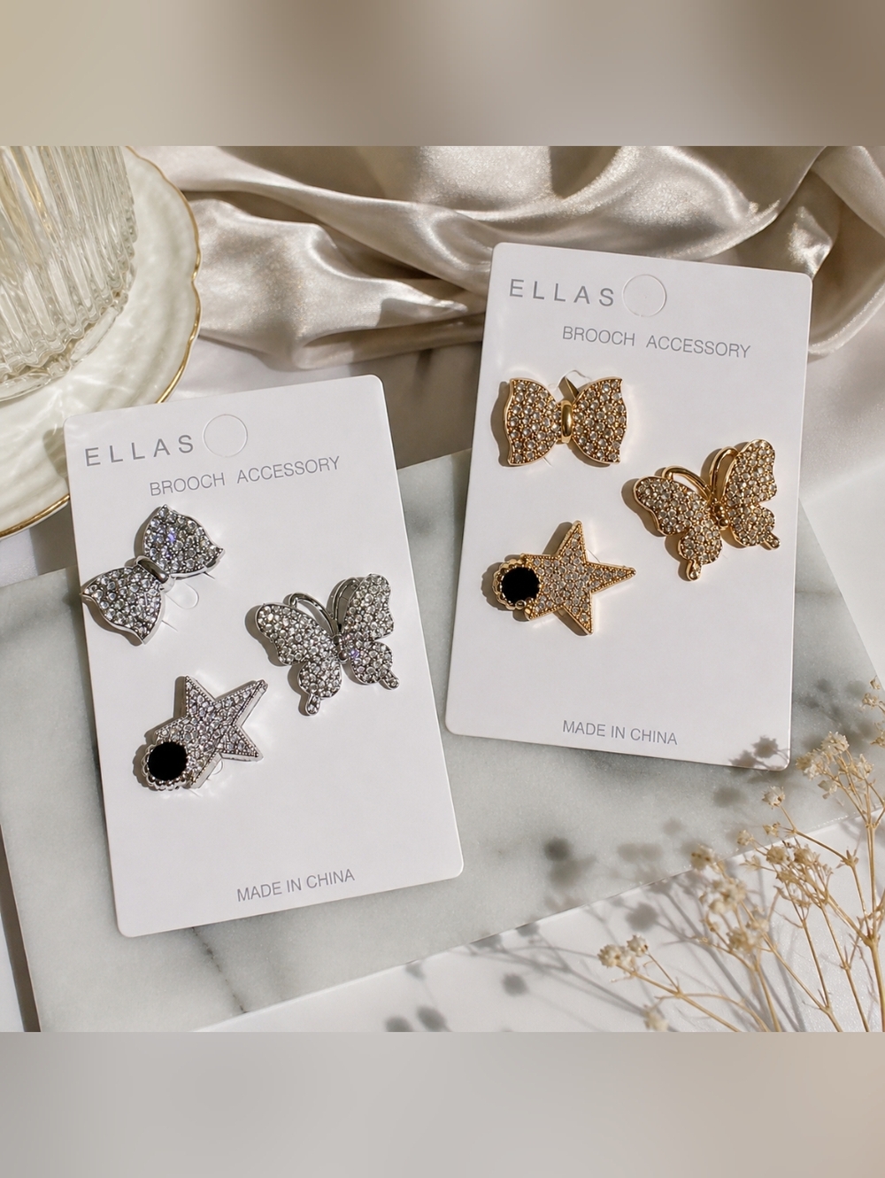 ✨ Rhinestone Brooch Set | Butterfly, Bow & Star Pins | Gold & Silver Sparkle ✨
